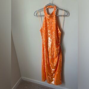 Caroline Constas Orange Sequins Halter midi Dress